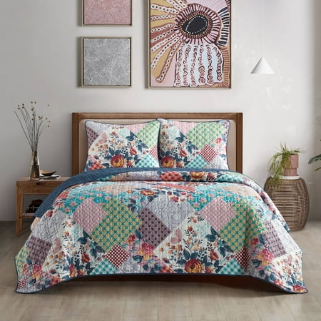 Lanco All Season Multi Color Floral Quilt Set With Pillow Shams Patchwork Cottage Quilt King Size Fashion Bedspreads & Coverlets