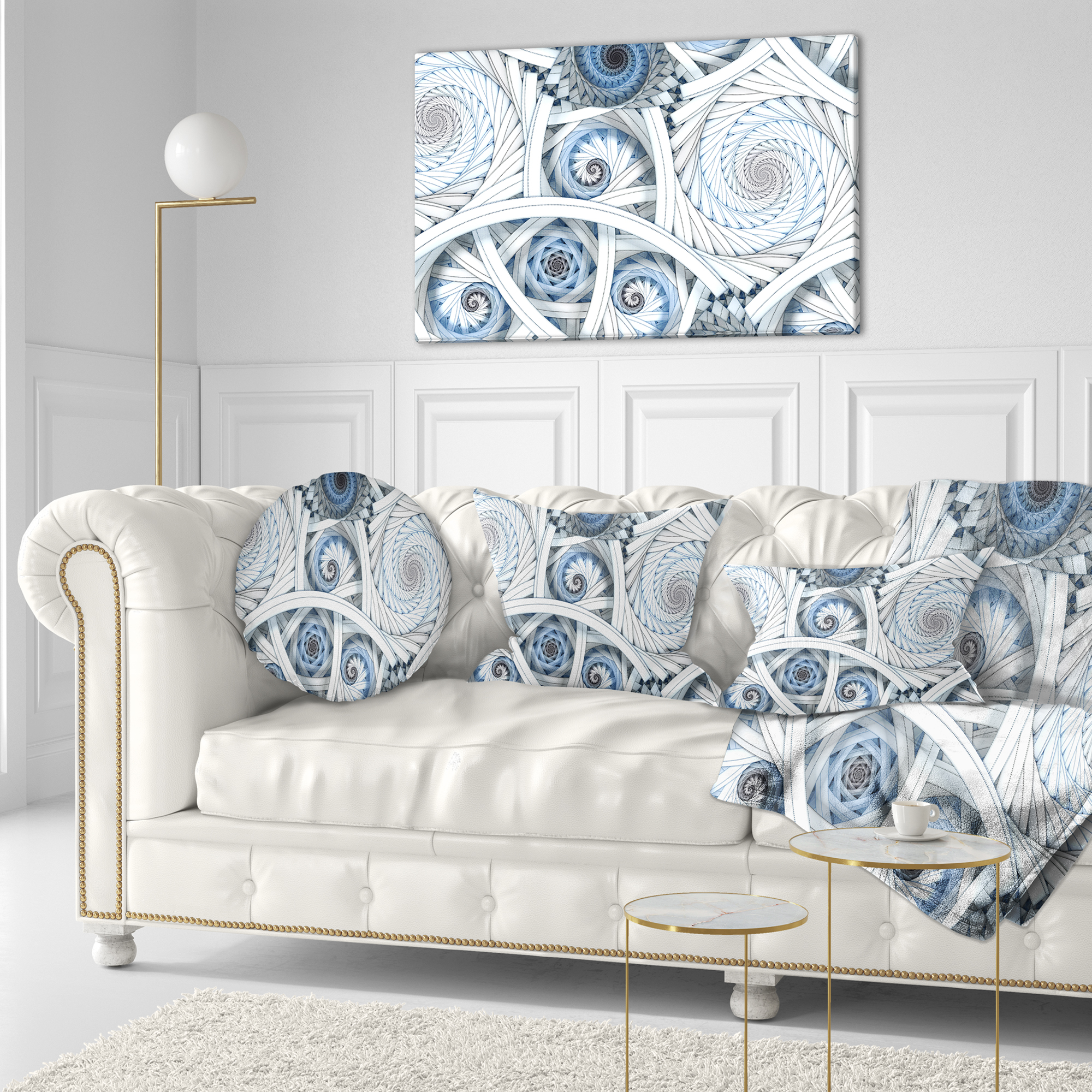 Designart White Spiral with Blue Fractal Art - Abstract Throw Pillow - 12x20