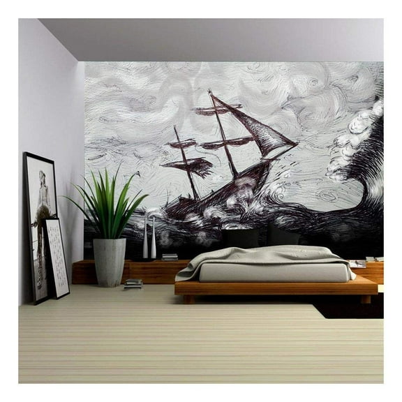 wall26 - Illustration - Classic Boat Illustration, Sailing Boat in The Storm - Removable Wall Mural | Self-Adhesive Large Wallpaper - 100x144 inches