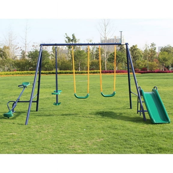 【LuckyNote】4 in 1 Swing Set with Slide, Seesaw & Glider - Heavy-Duty Steel Backyard Playset, Easy Assembly, Blue