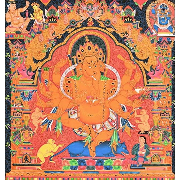 Exotic India Newari Dancing Ganesha - Large Size - Tibetan Thangka Painting