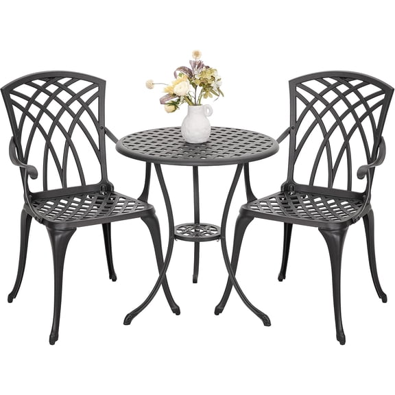 Bistro Set 3 Piece Outdoor All Weather Cast Aluminum Patio Bistro Set Patio Table and Chairs Set of 2 with Umbrella Hole for Backyard, Balcony, Front Porch, Lawn, Black