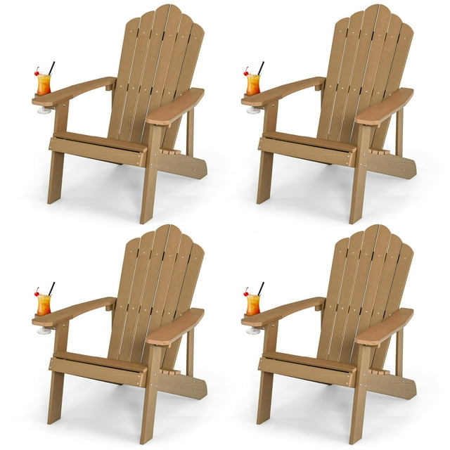 Patiojoy Chaise Adirondack 4 Pcs Hanches Chaise Adirondack avec Porte-Gobelet Grain de Bois Réaliste Chaise d'Extérieur Résistante aux Intempéries pour Capacité de Poids de 380 Lb Teck
