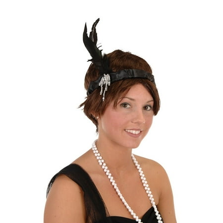 Club Pack of 12 Black Satin, Feather and Jewel Flapper Headband Costume Accessories