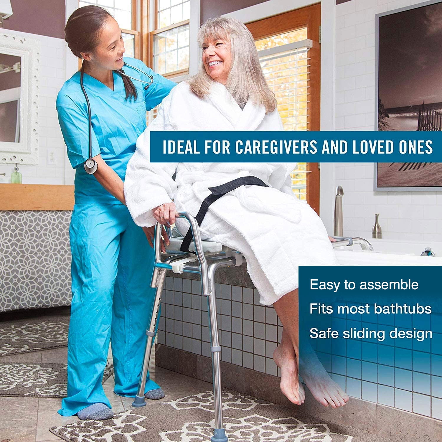 DMI Sliding Tub Transfer Bench and Shower Chair, Adjustable Height Bath Safety Seat, 400 lb Capacity, Cut-Out Seat