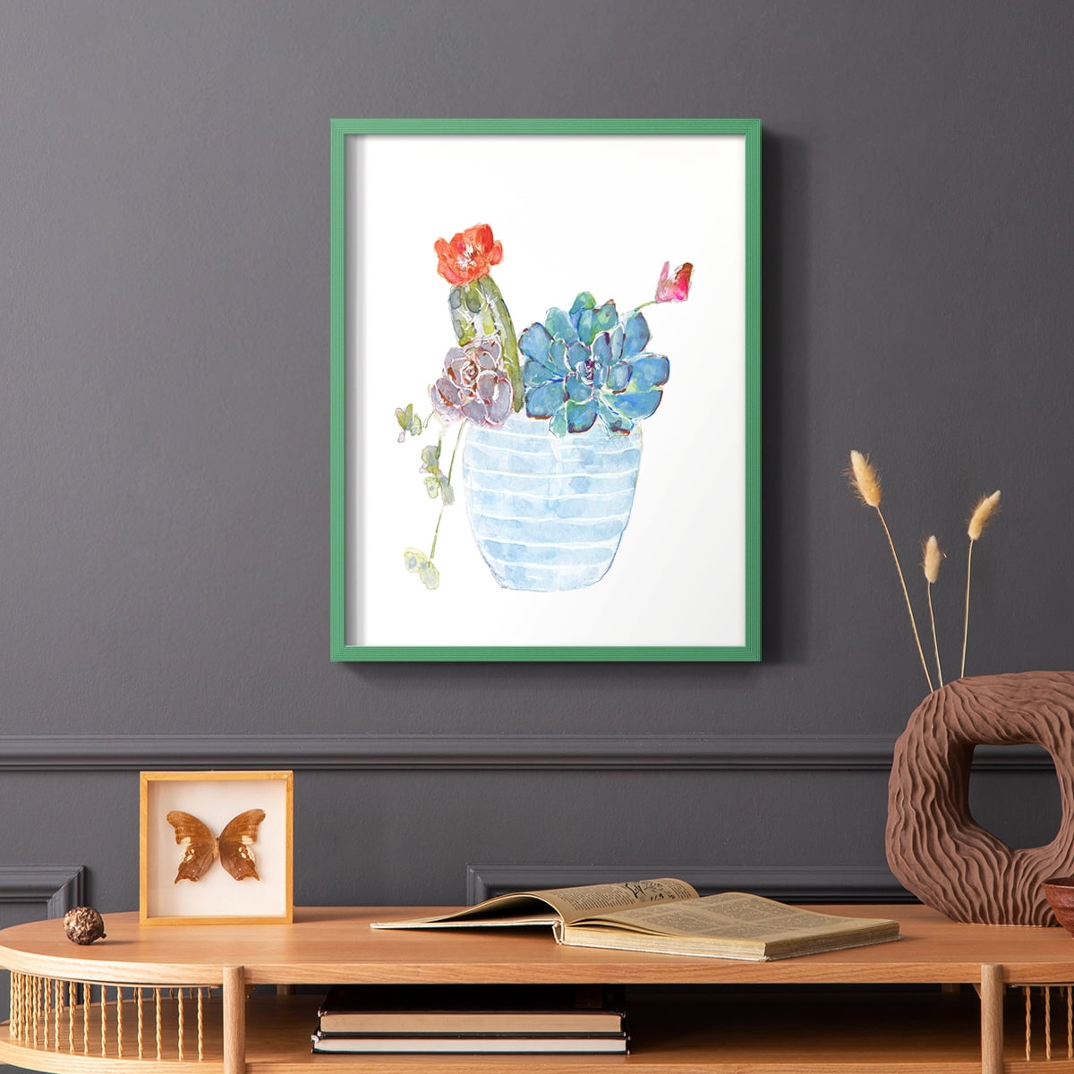 Cactus and Succulent Blooms I Framed Print in Green Solid Wood Framed Print No Nail Hanging
