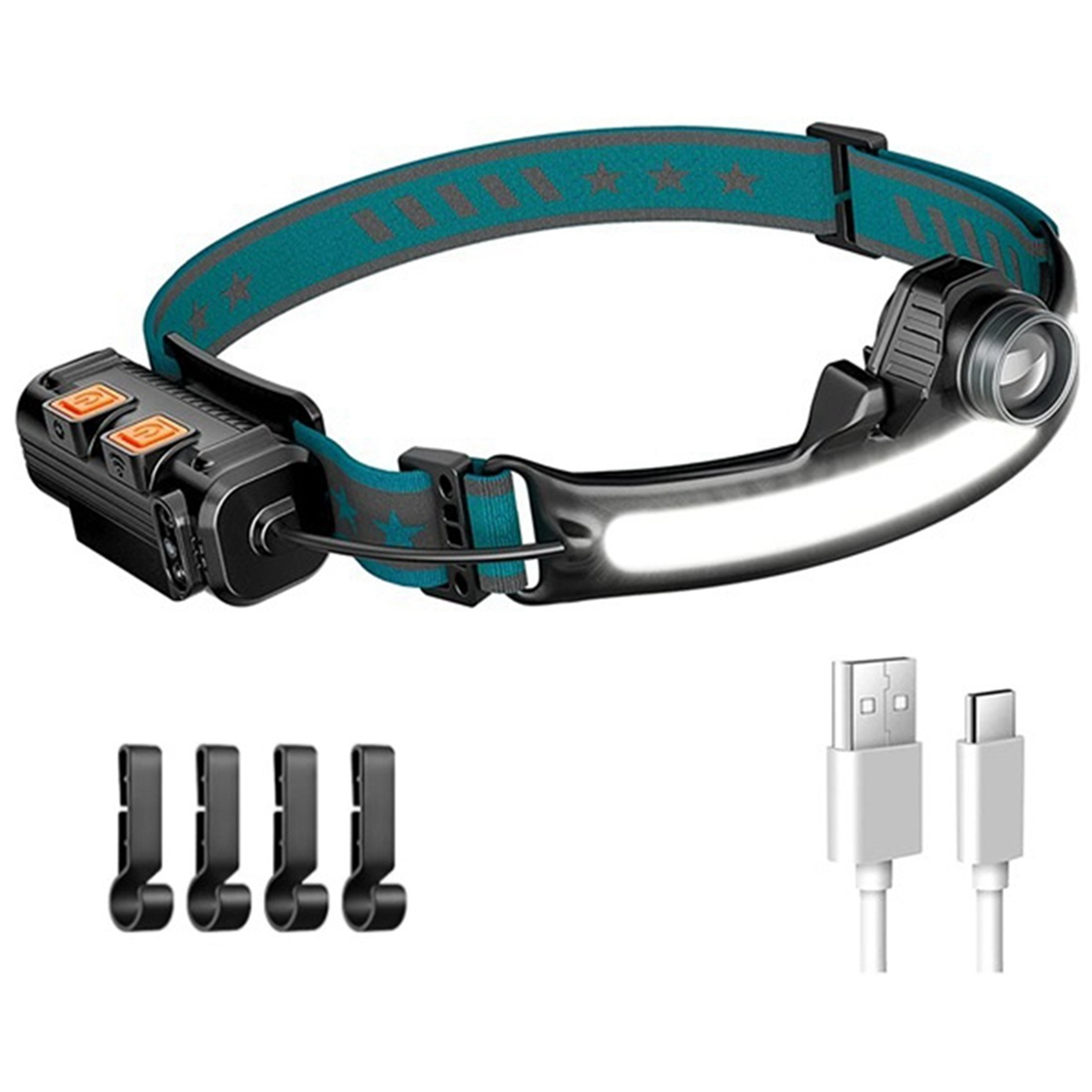 Head Light LED Rechargeable,1000Lumen Head Light Flashligh with Motion Sensor,with 16 Helmet Clip for Camping,Hiking,4 x Headlight 4 x Charging cable 16 x buckle