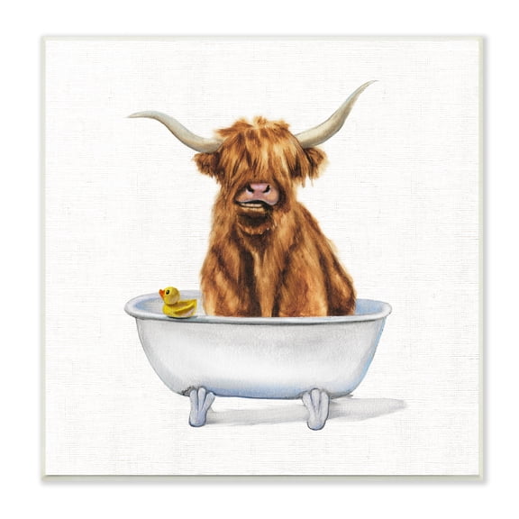 Stupell Industries Shaggy Country Cattle in Bathtub Rubber Duck Animals & Insects Painting Unframed Art Print Wall Art, 12 x 12