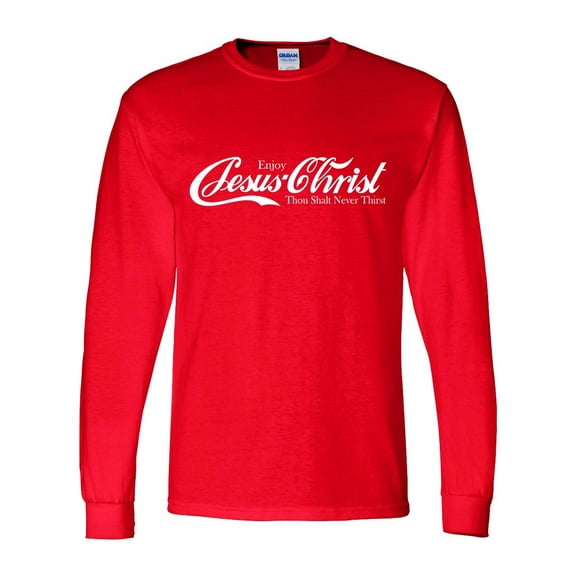 Mens Christian Tshirt Enjoy Jesus Christ Soda Logo Parody Long Sleeve T-shirt-Red-xxxl