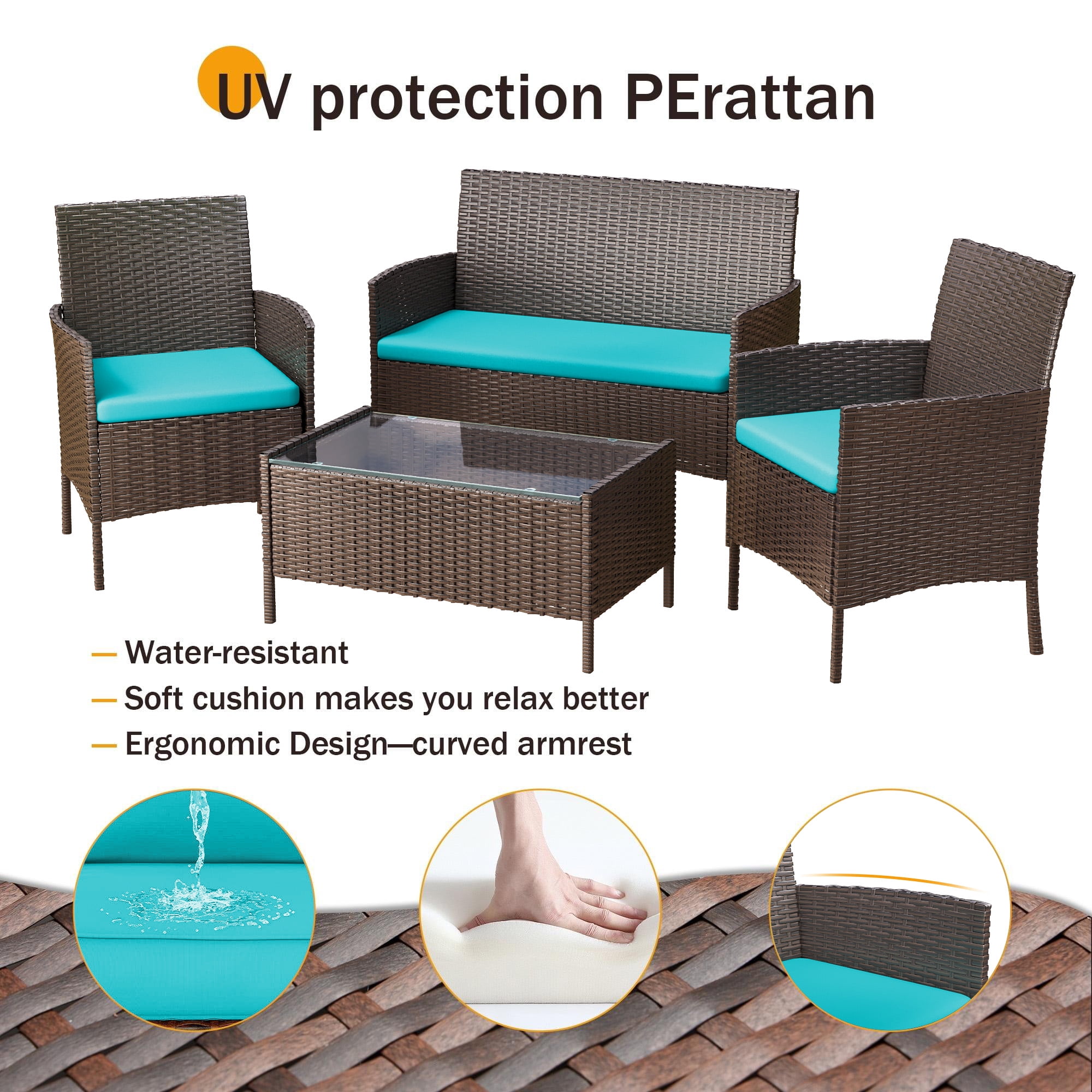MRUAKA Patio Furniture Set 4 Pieces Porch Furniture Outdoor Modular Wicker Patio Sectional Conversation Furniture Set for Backyard,Porch,Garden,Poolside and Balcony(Turquoise)