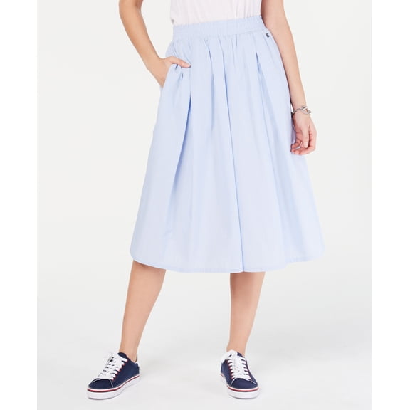 Tommy Hilfiger Pleated Pull On Midi Skirt Cornell Stripe- Cornflower Blue/White XXL