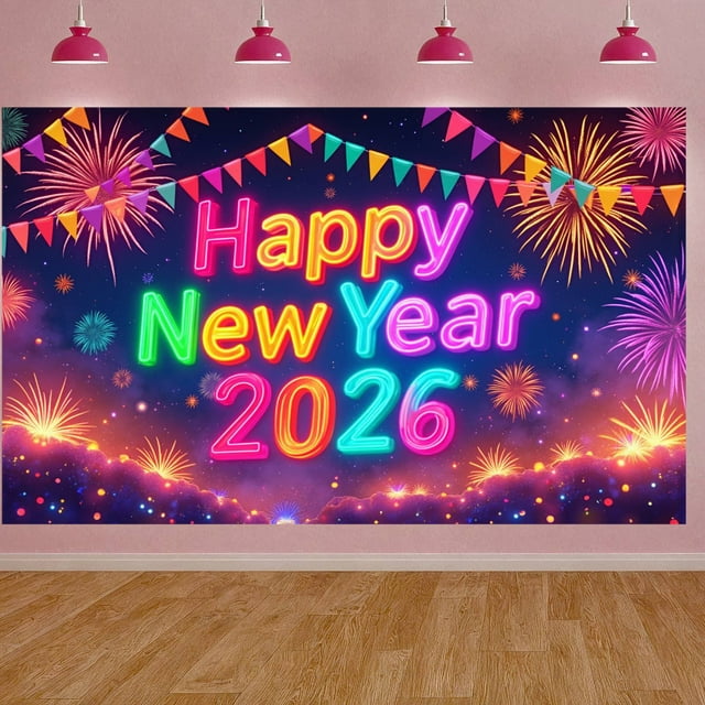 Colorful Fireworks 2026 New Year Banner Shiny Stars Happy New Year Display Champagne Glass Design Party Balloons 2026 Celebration Backdrop for New Year Party 2026 Celebration New Year Eve Event