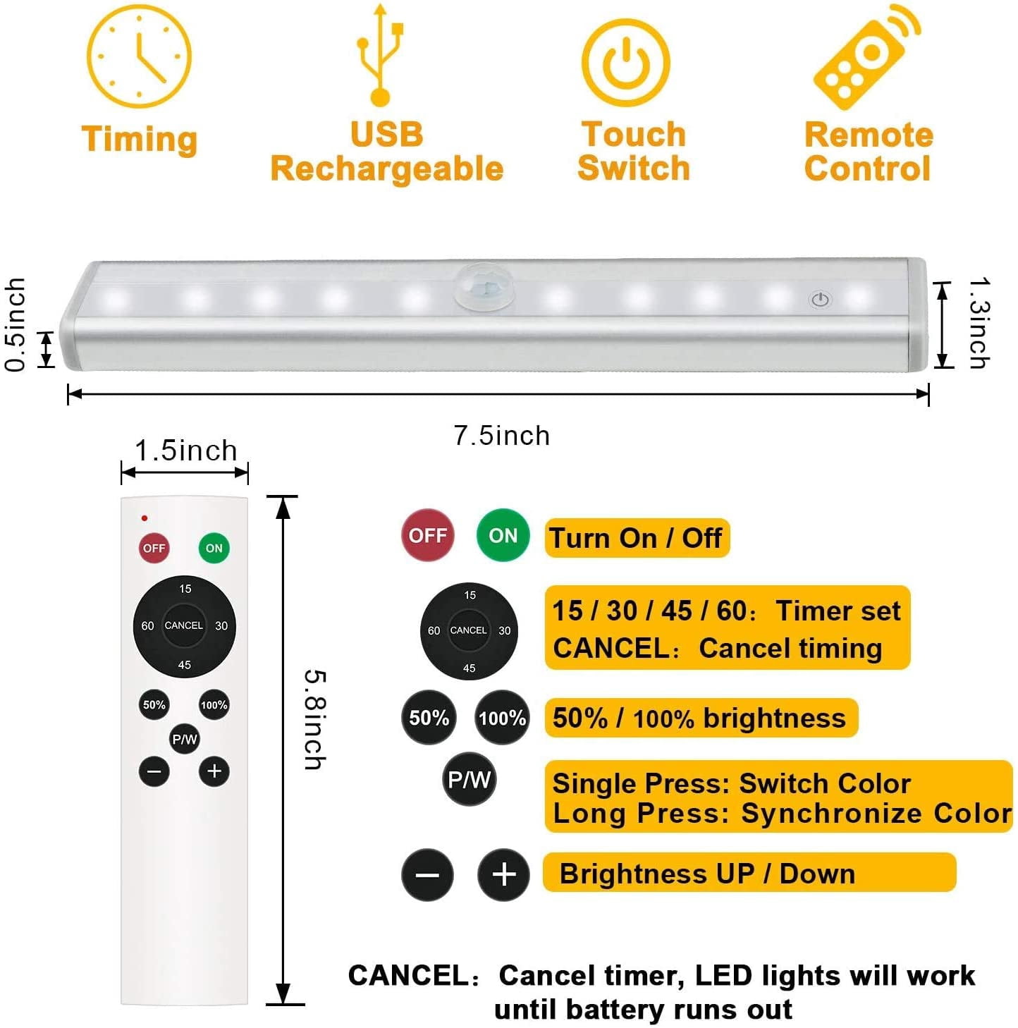 Remote Control Under Cabinet Lighting Wireless, 20-LED Dimmable Closet Lights Rechargeable Under Counter Light, Stick on Touch Night Light Strip Bar for Kitchen Stairway Bedroom, 3 Colors