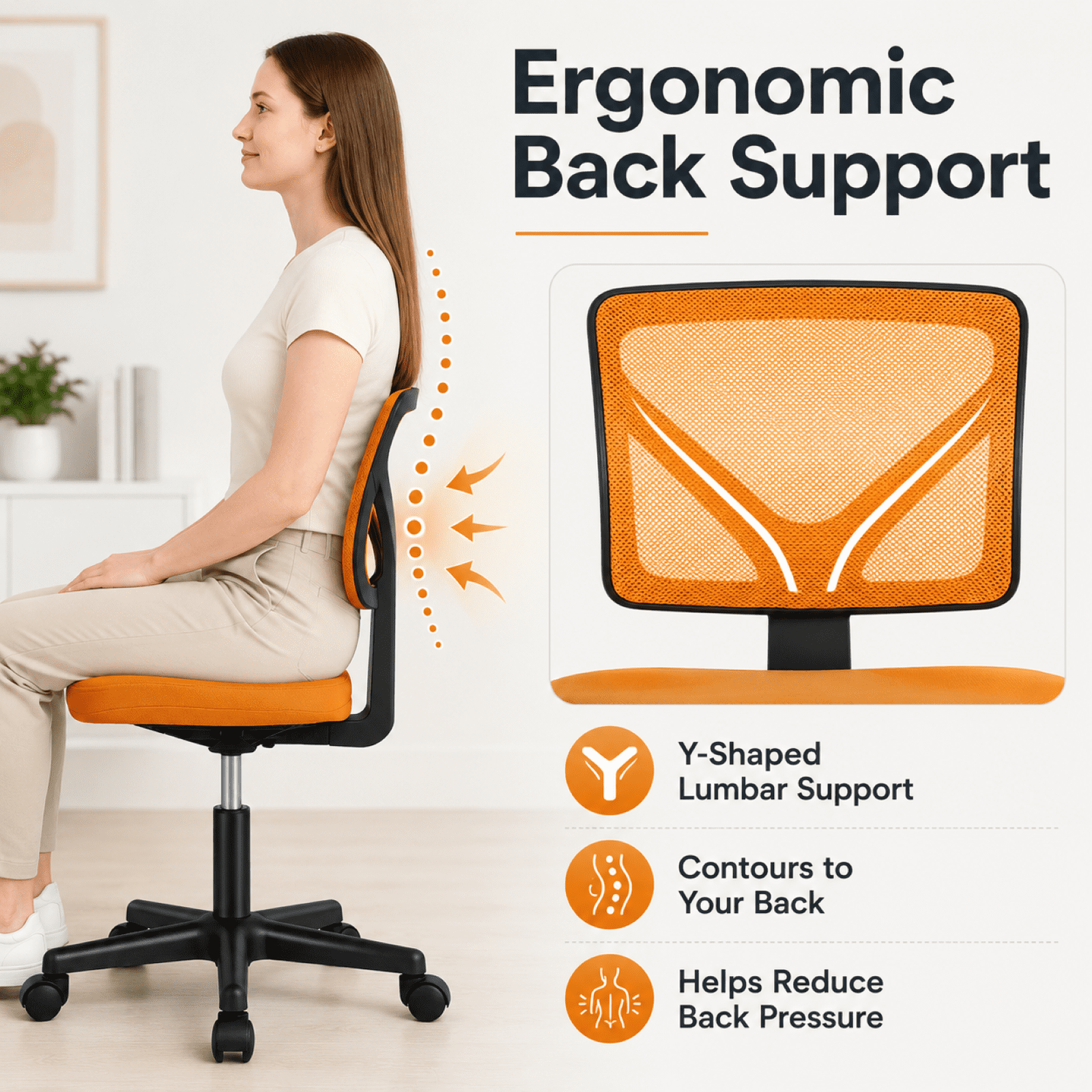 Kelno Small Desk Chair with Wheels Adjustable Computer Desk Chair with Lumbar Support Mesh Ergonomic Low-Back Office Chair, Orange