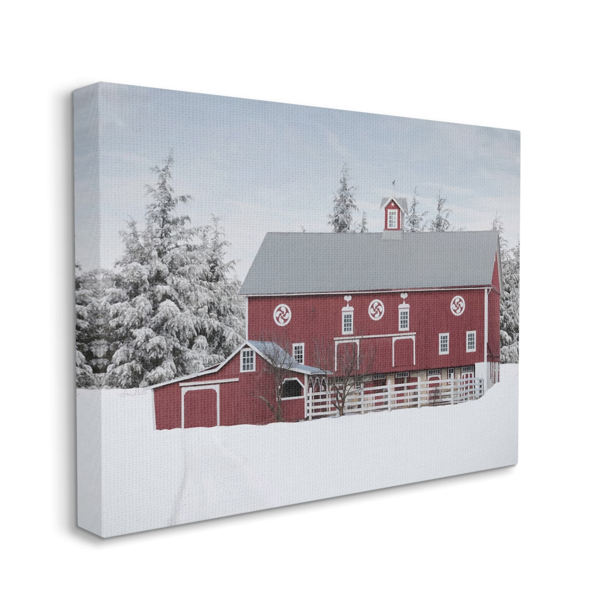 Stupell Industries Red Barn Winter Landscape Snowy Farm Pine Trees, 40 x 30,Design by Lori Deiter