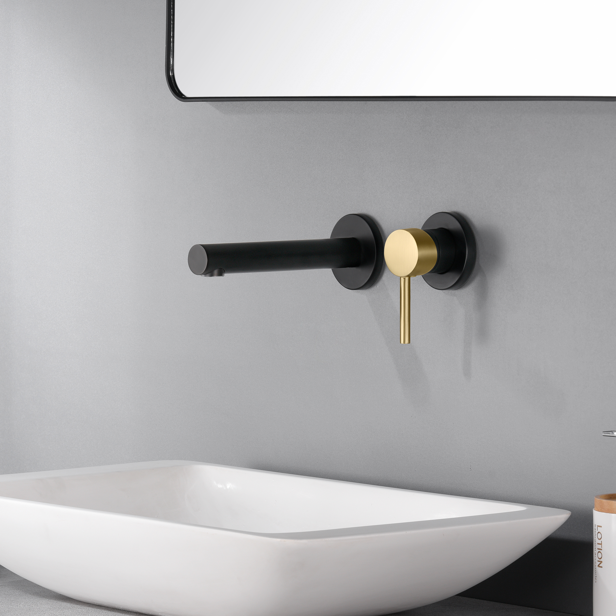 SUMERAIN Wall Mounted Bathroom Sink Faucet Black and Gold Finish, Lavatory Faucet with Single Handle and Rough in Valve