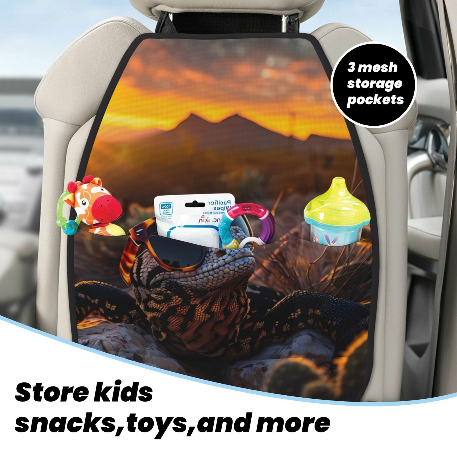 Kdxio Lizard With Sunglasses Sunset Print 2 Pack Car Kick Mat Seat Cover Back Protector Mat with Pockets for Organizer Backseat Protector and Storage Anti Kick Pad for Vehicles