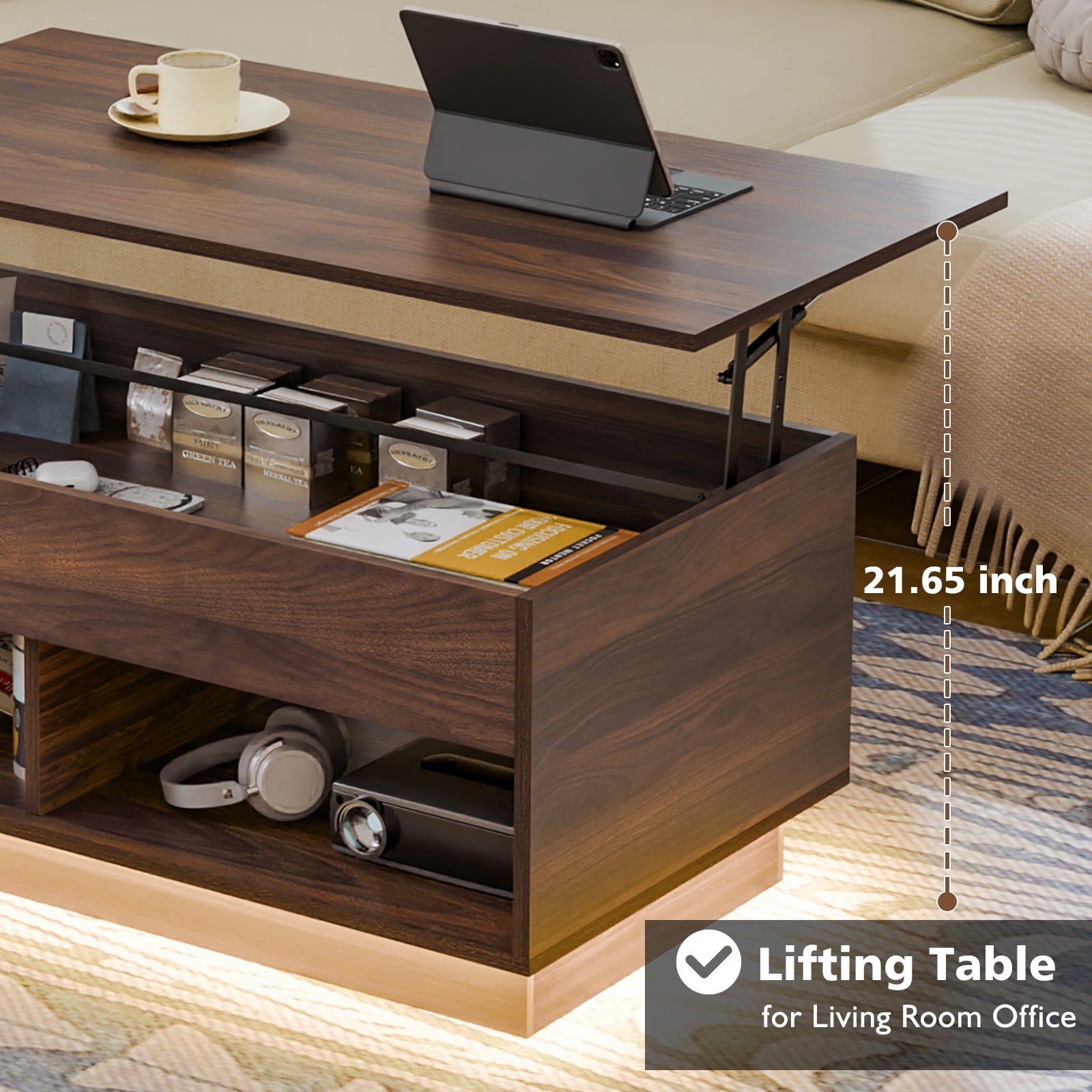Hommpa Lift Top Coffee Table with Hidden Compartment LED Coffee Tables Dark Walnut Center Rising Cocktail Table for Living Room Accent Furniture