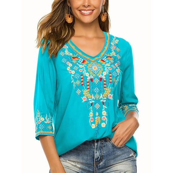 Blusas Mexicanas para Mujer, Camisas Bordadas, Ropa Hippie, Túnicas de Fiesta, Blusas Bohemias Campesinas de Talla Grande. Azul XXL