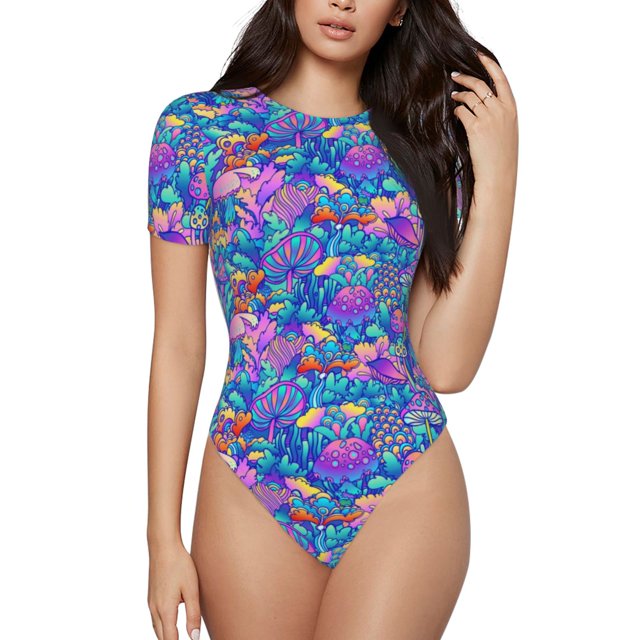 Balery Colorful Mushrooms Body de cuello redondo de manga corta para mujer Tops de manga corta Tops básicos-Medium