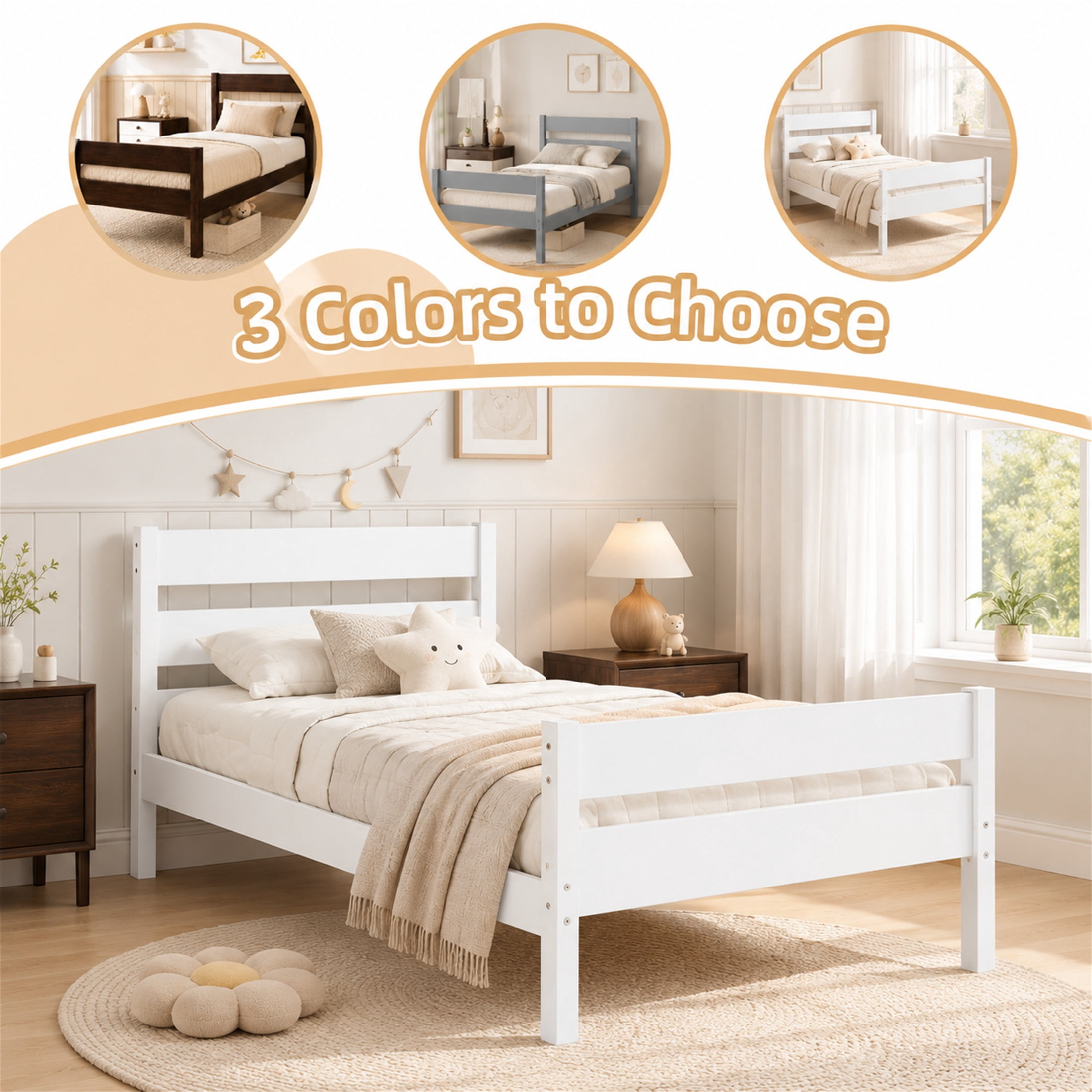 SESSLIFE Twin Bed Frame, Solid Wood Twin Platform Bed Frame with Headboard & Footboard, No Box Spring Needed with 250LBS, Easy Assembly, White