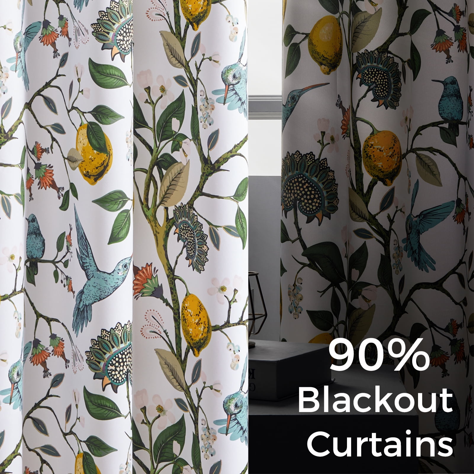 Topfinel Fancy Hummingbird Patterned Curtain,White Curtains for Living Room, Thermal Insulated Blackout Curtains for Bedroom, Floral Vintage Lemon Curtains 84 inch Length 2 Panels Set