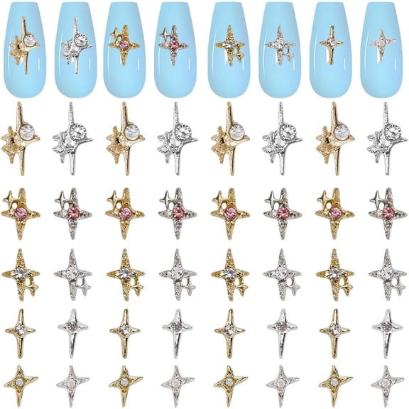 50Pcs/Box Four-pointed Star Nail Charms Rhinestone 10 Styles 3D Luxury Shiny Gold Silver Nail Gems Metal Alloy Flat Punk Studs Decor for Women Nail Art DIY Craft Jewelry Decor Accessories