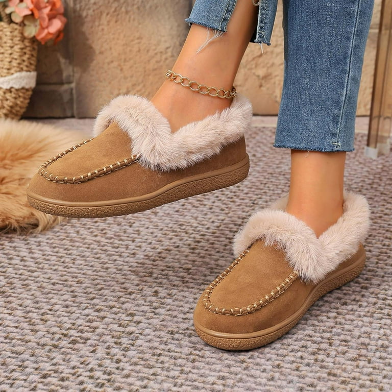 Womens Fluffy Fleece Lined Slip On Loafers Winter Warm Suede Snow Booties  Comfortable Non Slip Dress Shoes - Walmart.com