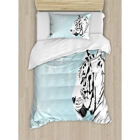 Tiger Duvet Cover Set, White Bengal Beast Lies against Snowy Background Beautiful Eyes Majestic Nature, Decorative Bedding Set with Pillow Shams, Turquoise Black, by
