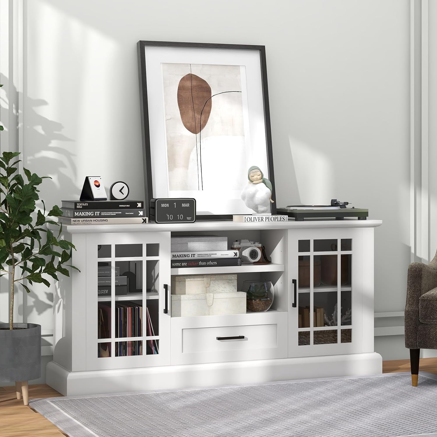 70" TV Stand, Farmhouse Wood TV Cabinet Entertainment Center, Glass Doors Cubbies and Drawer, White