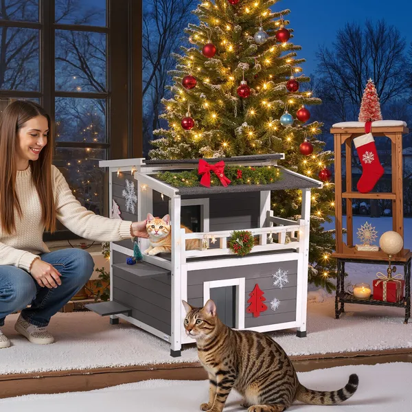 Insulated 2 Story Wooden Cat House with Foam Balcony Waterproof Indoor Outdoor Shelter for 1-3 Cats Winter 33 x 29.5 x 32 in