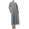 thumbnail image 2 of CALAFEBILA Plus Size Sundress Long Sleeve Solid Color Midi Kaftan Dress Cotton Linen Pleated Pockets Long Dresses for Women 2025, 2 of 9