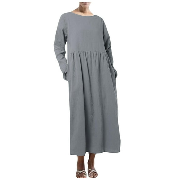 Aoochasliy Fall Dresses for Women Solid Long-Sleeveed O-neck Maxi Pockets Linen Loose Baggy Kaftan Long Dress