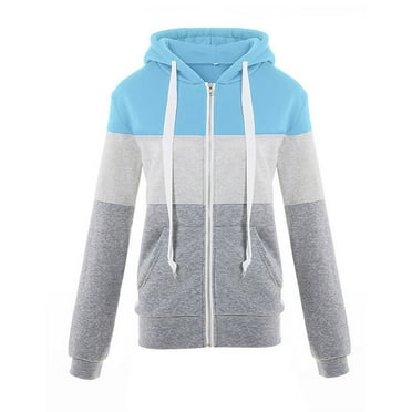 Casual Autumn Sweatshirt with Drawstring, Blue & Grey, XL, Poly Fiber Multi-Colored Hoodie for Women