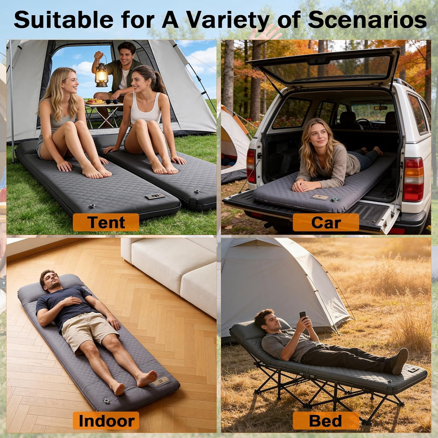 Inflating Sleeping Pad with Electric Pump, 3.15 Inch Ultra-Thick Memory Foam Camping Mattress with Built-In Pillow, 4  Sleeping Bag for Outdoor Travel Tent Car