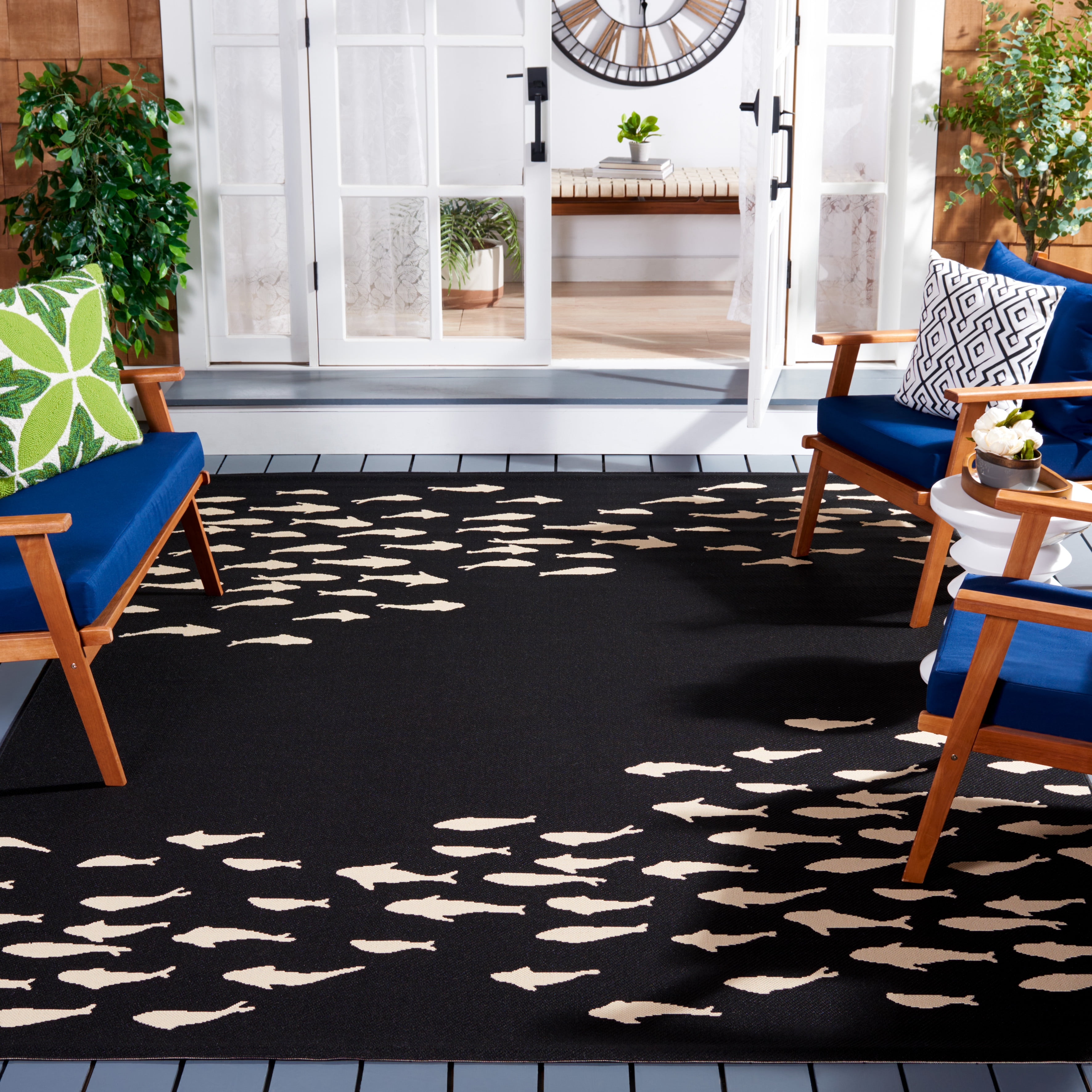 Safavieh Courtyard Victoria Fishes Indoor/Outdoor Area Rug, Black/Beige, 8' x 11'