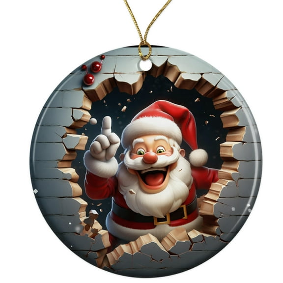 Funny Santa Cartoon Ceramic Ornament - Breakthrough 3D Effect Burst Illusion Kids Ornament - 3 Inch Christmas Tree Round Ornament - Xmas Holiday Decor - String Included - ORNW0073