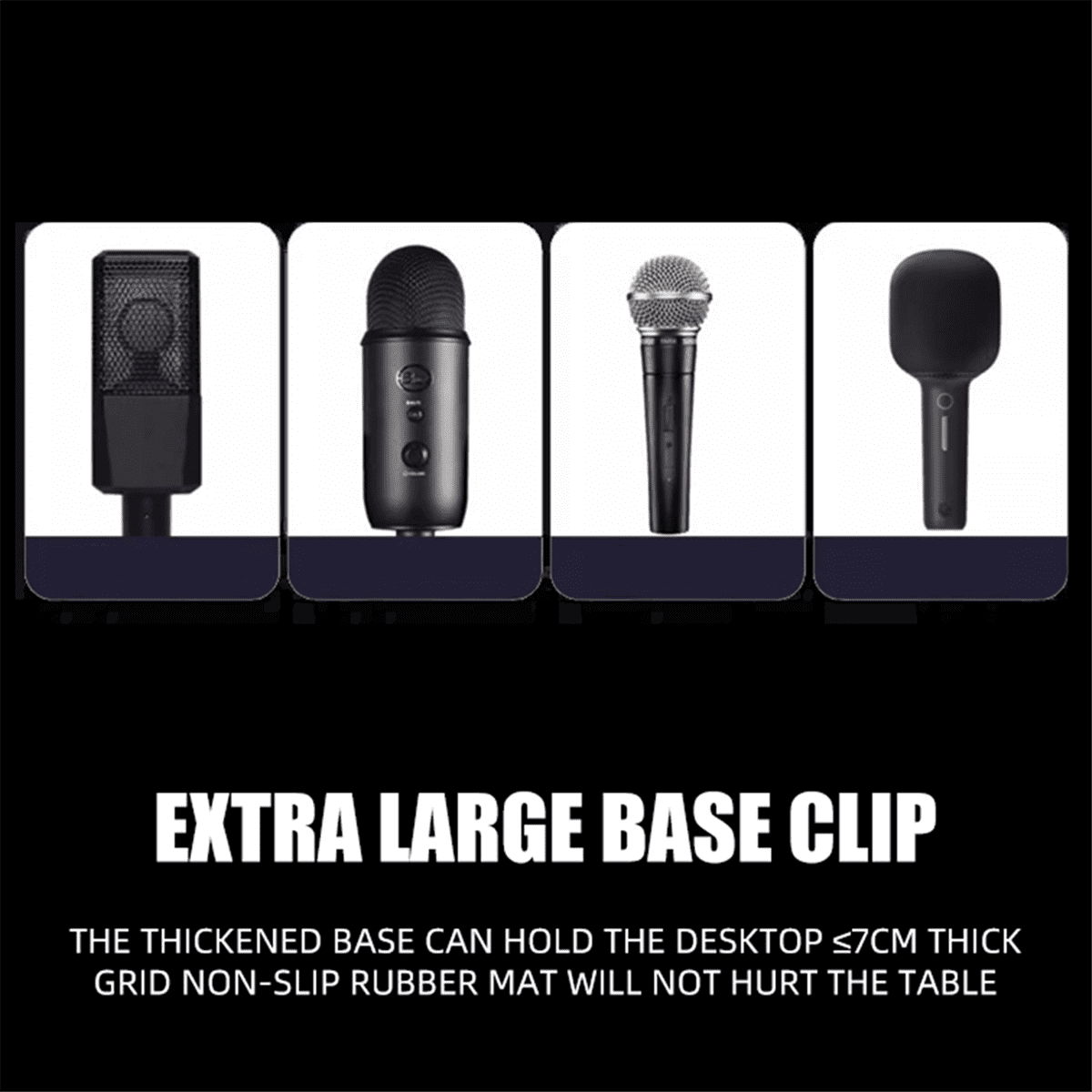 Foldable Microphone Holder Suspension Boom Scissor Arm Stand Holder with Mic Clip Table Mounting Clamp,1 x microphone boom stand 1 x desktop base 1 x microphone clip 1 x nut 5 x Nylon buckle,Black