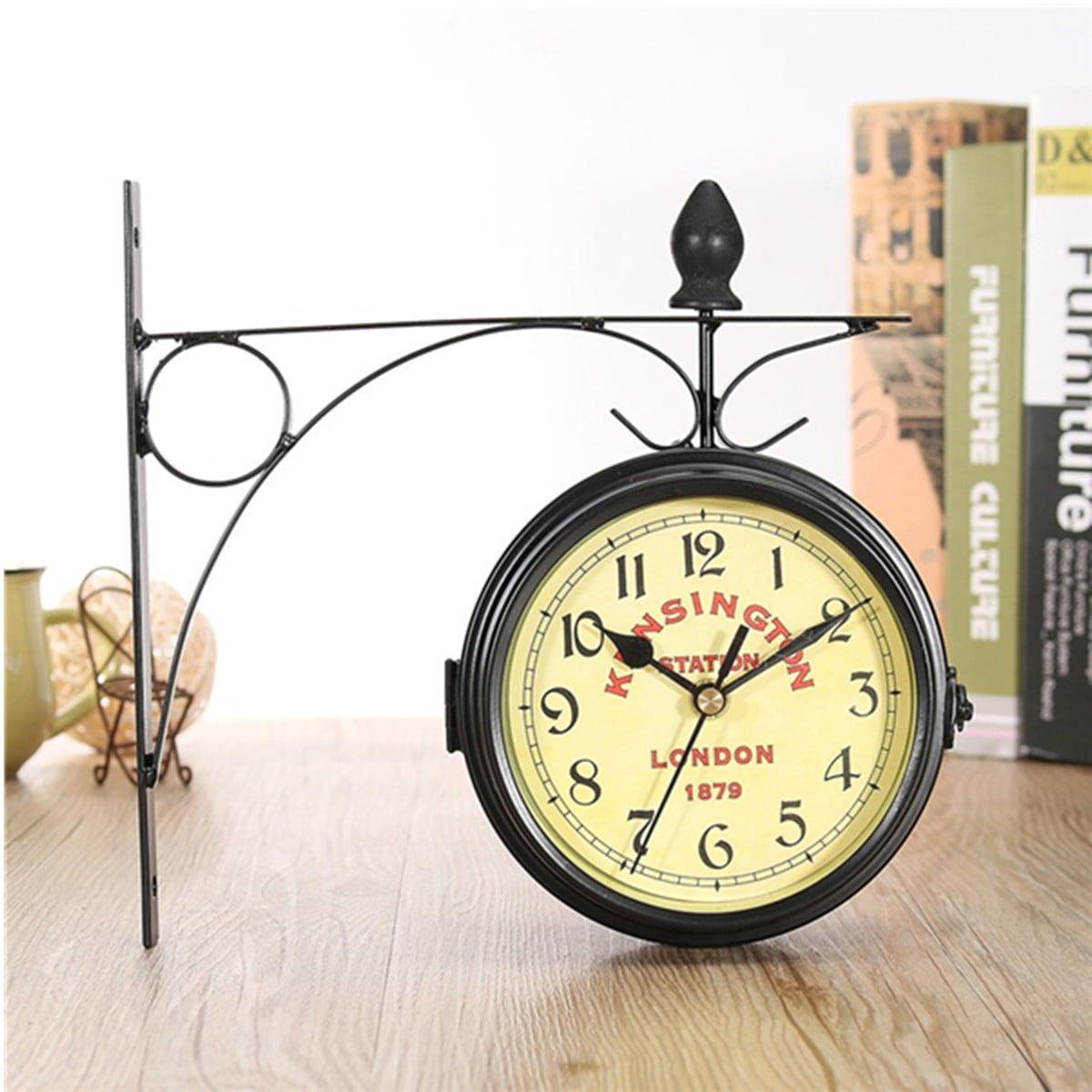 Retro Antique Double Sided Wall Clock Hanging Outdoor Station Quartz Battery USA 