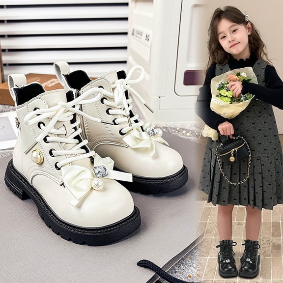 Girls Ankle Combat Boots Bow Lace Up Side Zipper PU Leather Booties Kids Fashion Versatile Lug Sole Boots White 1.5 Big Kids