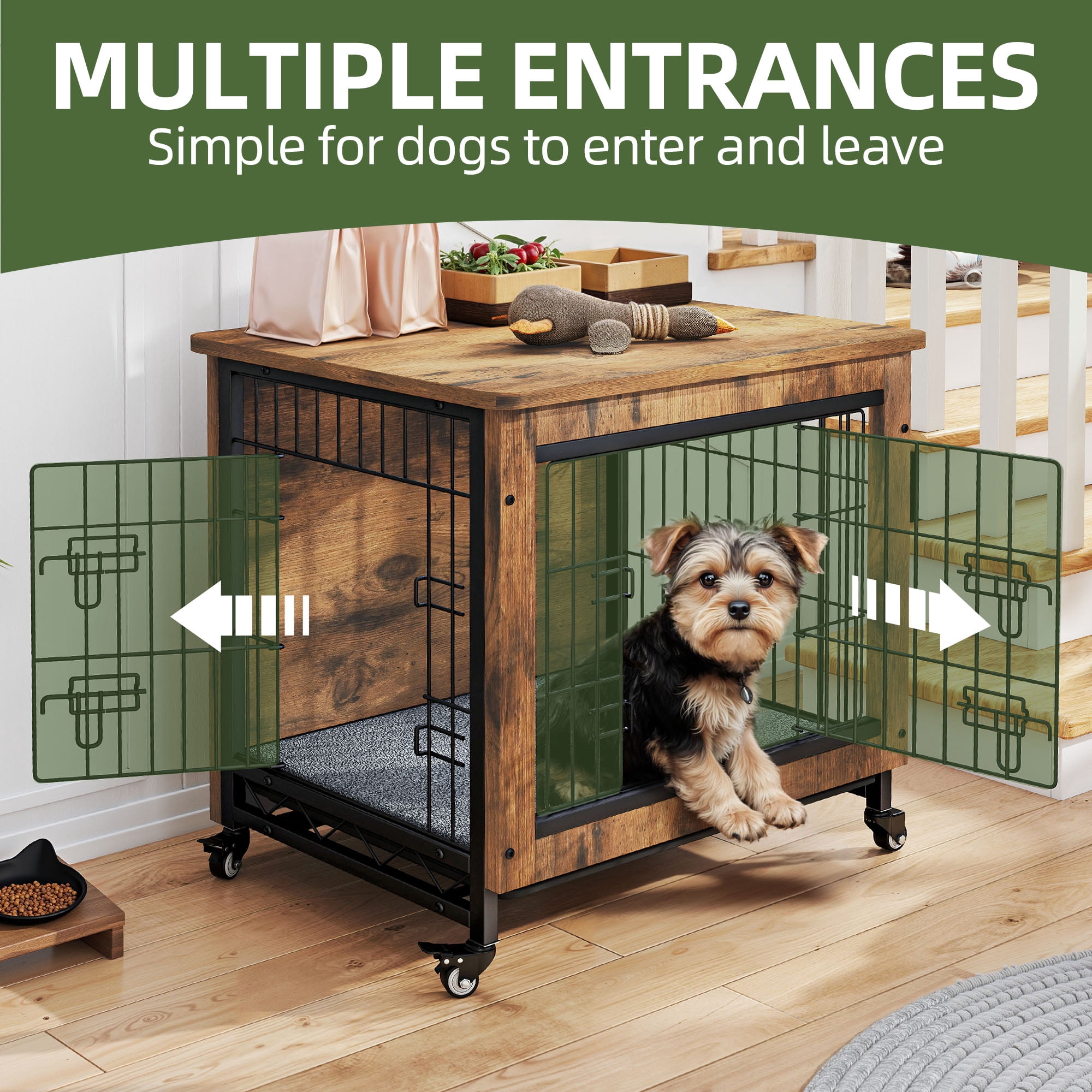 Uforic 27" Dog Crate Furniture with Cushion & Tray, Wooden Indoor Dog Kennel End Table for Small Dogs, Rustic Brown