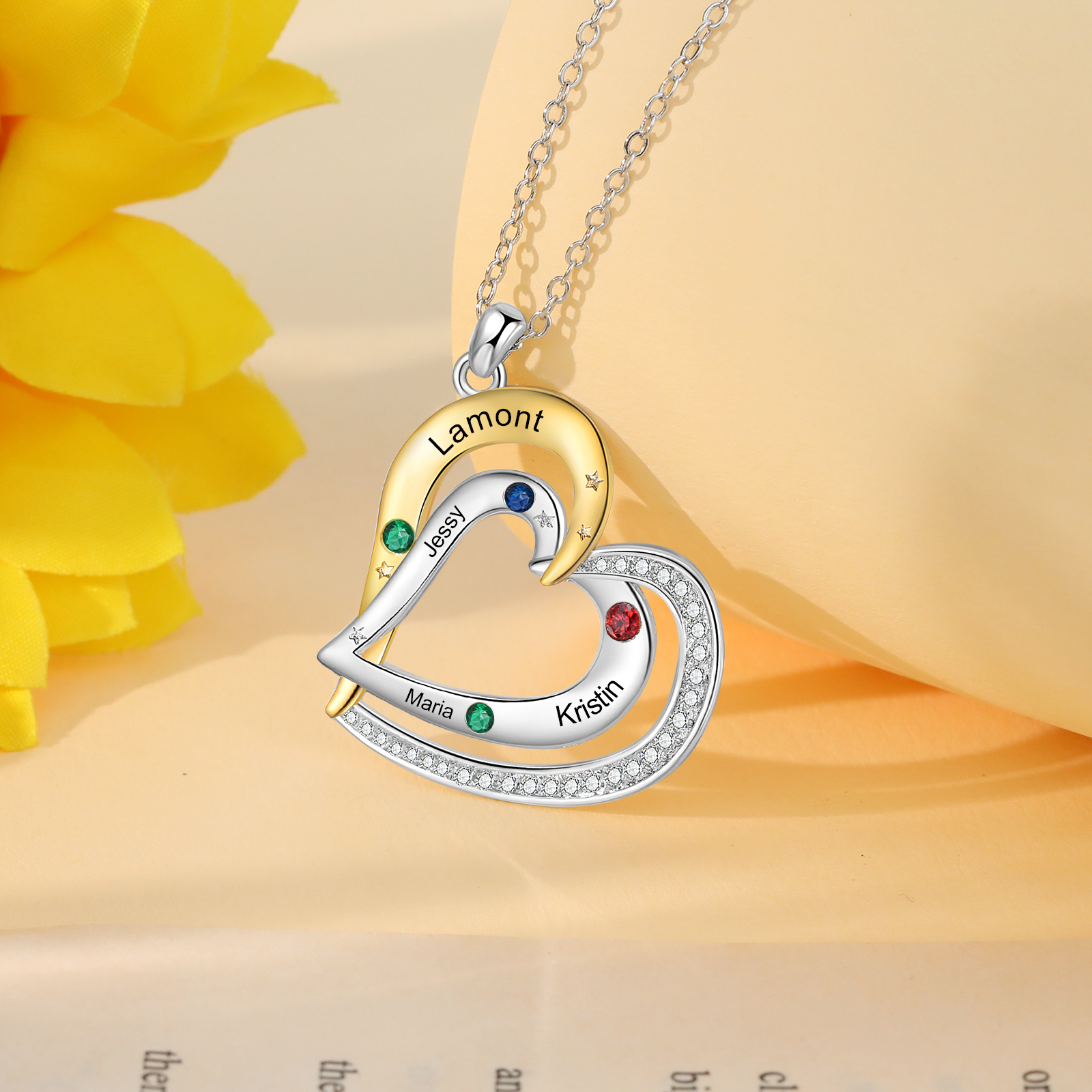 Mementos Personalized  Brass Family Necklace for Women (Mother) with 4 Birthstones and Names