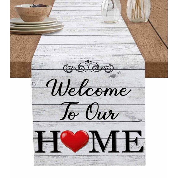 White Wood Grain Table Runner 72 Inches, Red Heart Vintage Farmhouse Country Bed Runner Dresser Scarves Tabletop for Indoor Outdoor Parties/Ceremony/Banquet, 13" x 72"