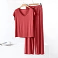 thumbnail image 6 of QUNYINEY 2 Piece Pajama Set Women Red Comfy Cotton Short Sleeve Top And Pants V Neck Casual Ladies Loungewear Sets, 6 of 6