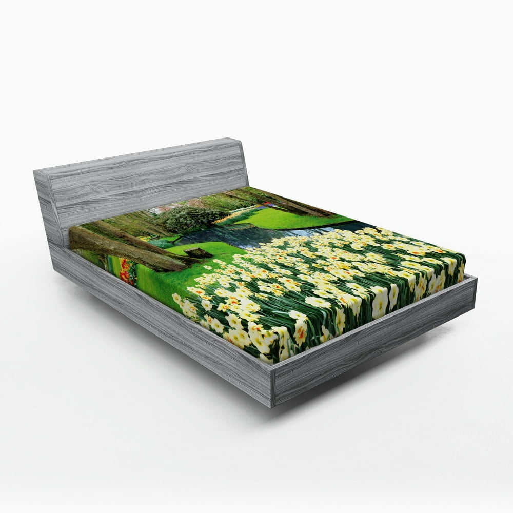 Spring Fitted Sheet, Flower Garden in Recreation Park with Fresh Grass