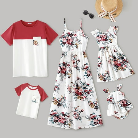 

PatPat Family Matching Spaghetti Strap Splicing Red Floral Print Dresses and Short Sleeve T-shirts Sets Summer Matching Outfits