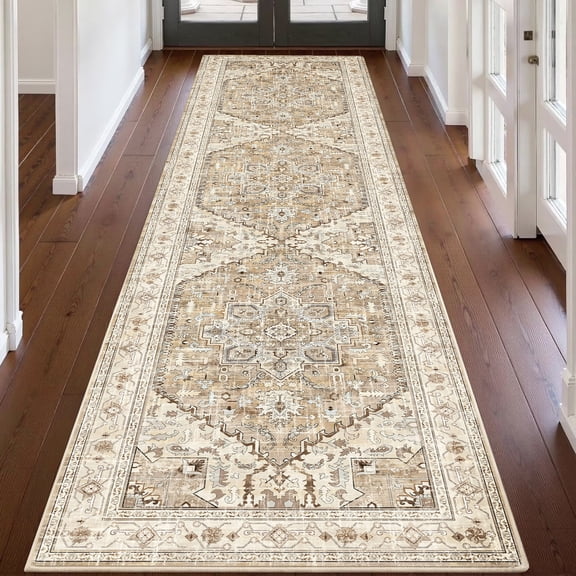 2'x8' Runner Rug for Hallway Floor, Yamaziot Rug Carpet Runner with Rubber Backing, Washable Non Slip Rug Runner Vintage Mat for Bedroom, Laundry, Beige