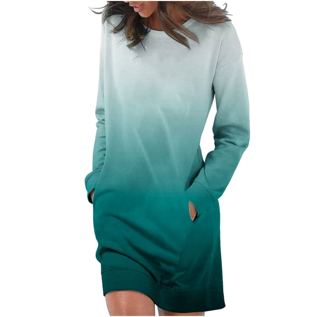QUYUON Robes de Mariage d'Automne pour Invitées Liquidation Manches Longues Imprimé Col Rond Robe Longue de Vacances pour Dames Robes pour Occasions Spéciales Femmes Robe T-Shirt Midi Style D-2269 Vert TTG