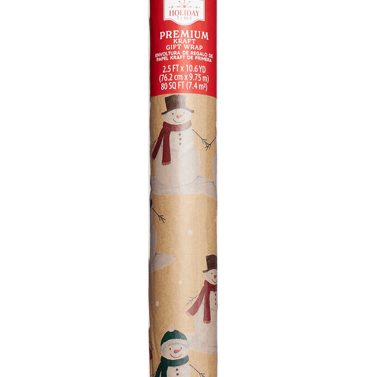 Snowman Party Kraft Wrapping Paper, Christmas, Brown, Red, Green, 30 inches  Wide, Multicolor 