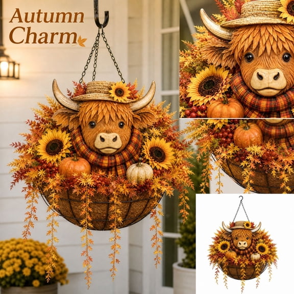 Highland Cow Fall Hanging Basket with Lights, Rustic Farmhouse Outdoor Porch Decor for Front Door, Autumn Gift